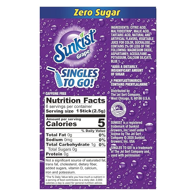 Sunkist Singles-To-Go Drink Mix, Grape, Non-Carbonated, Low-Calorie, Zero Sugar, 6 CT in each box (Pack of 6)