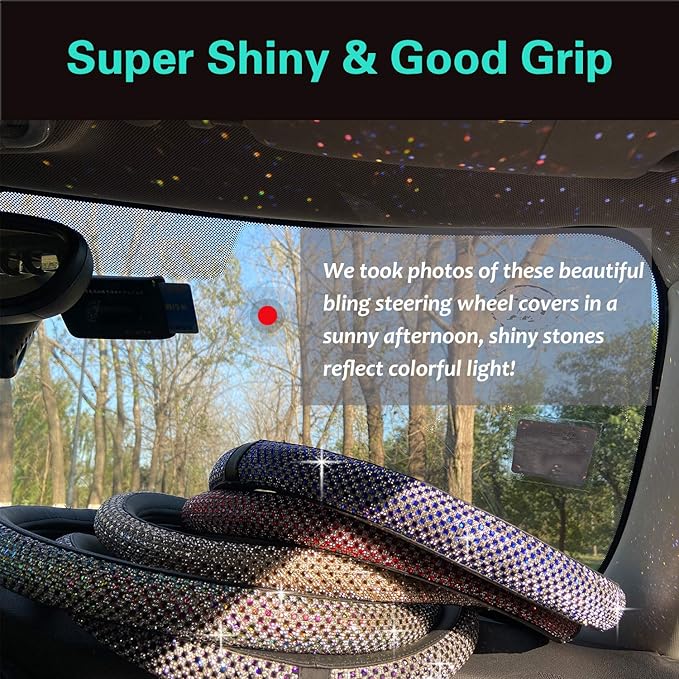 PINCTROT Bling Bling Comfy Steering Wheel Cover with Jumbo Crystal Rhinestones, Anti-Slip Diamond Leather, Universal 15 Inch (Red)
