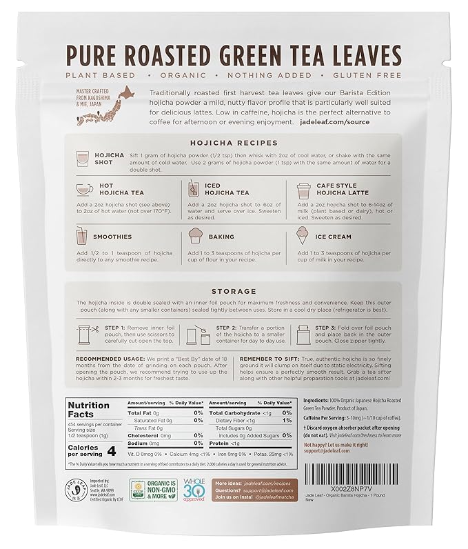 Jade Leaf Matcha Organic Hojicha Powder, Roasted Matcha Green Tea Powder, Barista Edition, Authentic Japanese, 454 servings (1 Pound Bulk Pouch)
