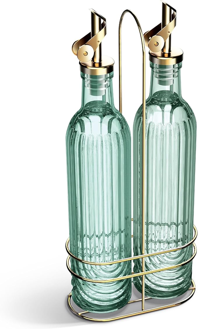 COOK WITH COLOR Glass Olive Oil Bottle Dispenser - 2 Pack- 17oz Oil and Vinegar Cruet - Olive Oil Carafe Decanter for Kitchen, Elegant Fluted, Green