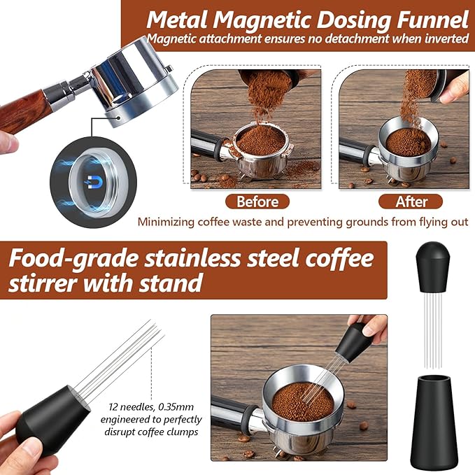 7 Pcs 58mm Espresso Accessories Kit, Spring Loaded Calibrated Tamper, WDT Tool, Coffee Measuring & Espresso Cup and Tamper Mat, Puck Screenr & Dosing Funnel, Fit 58mm Espresso Machine Accessories