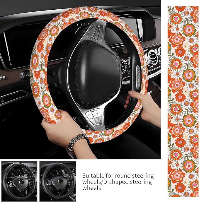 Steering Wheel Covers for Car, Truck, and SUV, Cute Non-Slip Breathable Elastic Steering Wheel, Car Accessories, Universal 15 Inch Leather Cover for Men Women Blooming Floral