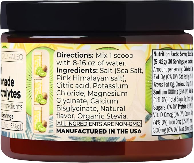 Santa Cruz Paleo Electrolyte Powder, Kiwi Lemonade Flavor, Sugar Free Hydration Drink Mix with Himalayan Pink Salt, Sea Salt, Magnesium Glycinate, Potassium Chloride, Sweetened with Stevia, 30 Srvgs