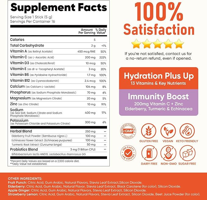 Venture Pal 2-in-1 Hydration + Immune Electrolytes Powder Packets with 7 Electrolytes & 6 Vitamins, Elderberry, Turmeric, Echinacea | Liquid Daily IV Drink Mix | Sugar Free | Keto Friendly, 16 Sticks