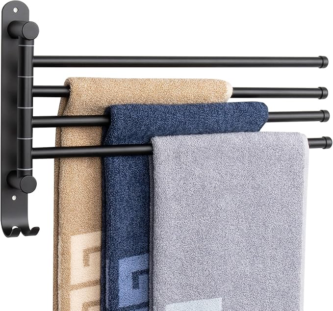 NearMoon Swivel Towel Rack, 13.8" Thicken 304 Stainless Steel 4-Arm Towel Bar, Space Saving Wall Mounted Towel Holder with Hook, Rustproof Swing Out Towel Hanger for Bathroom, Kitchen (Matte Black)