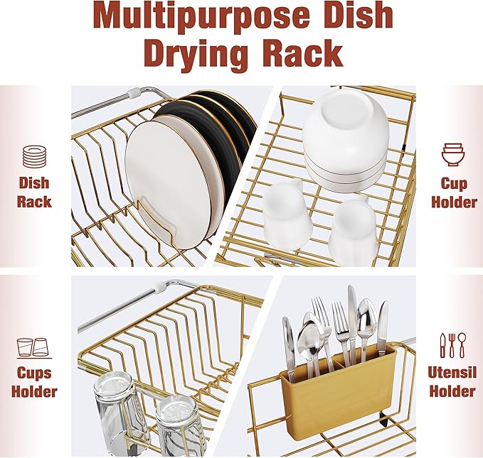 JASIWAY Gold Dish Drying Rack in Sink, Expandable Stainless Steel Dish Drainers for Kitchen Counter, Dish Dryer Rack for Inside Sink, Over The Sink Dish Racks with Utensil Holder