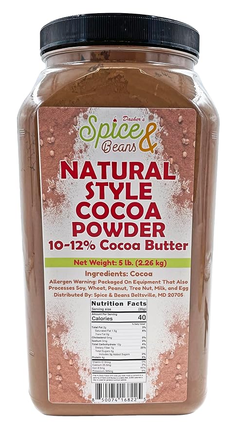 Natural Style Rich Cocoa Powder | Baking - 10/12% Fat | By Dasher's Spice & Beans | 5 lb. Container