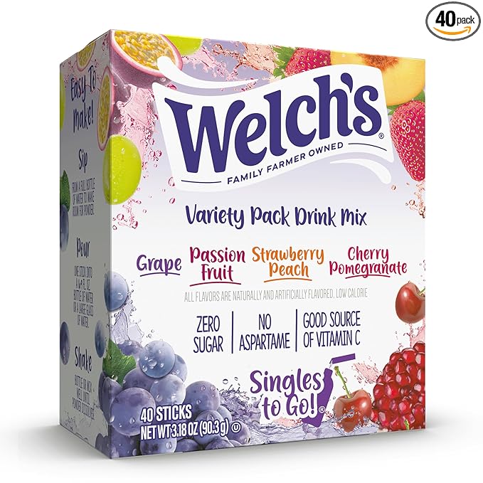 Welch's Singles To Go Variety Pack, Watertok Powdered Drink Mix, Includes 4 Flavors, Grape, Passion fruit, Strawberry Peach, Cherry Pomegranate, 1 Box (40 Servings)