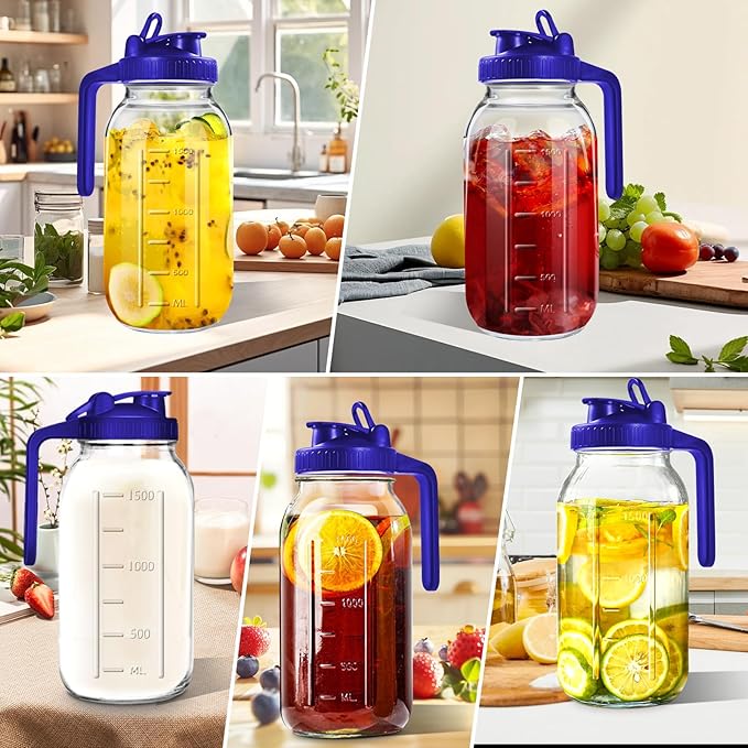 64oz Glass Pitcher with Lid, 2 Quart Mason Jar Pitcher with Lid and Spout, Wide Mouth Breast Milk Pitchers Glass Jug Sun Tea pitcher, Cold Brew Coffee Pitchers, Fridge Container for Water, Juice, Tea