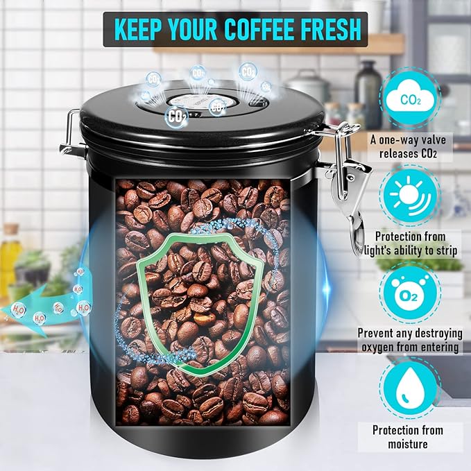 Coffee Canister Airtight 35OZ Large, 2.2 lbs Coffee Storage Container Stainless Steel Air Tight Coffee Jar with Scoop, Date Tracker and CO2 Release Valve for Beans, Ground, Tea, Flour and Sugar, 2.8L