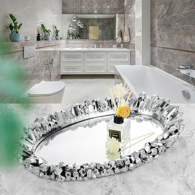 GUOER Vintage Antique Decorative Bathroom Vanity Decor Slivery Mirror Tray for Dessert Table Coffee Table Vanity Home Serving Tray with Handle (Slivery)