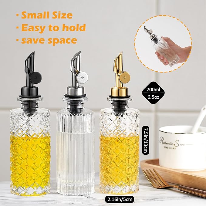 Glass Olive Oil Dispenser Bottle Small, 6.5 Oz/ 200 ml Coffee Simple Syrup Bottles with Black Metal Pour Spout, Funnel, Measuring Cup, Oil and Vinegar Bottle for Kitchen (2 Pack)