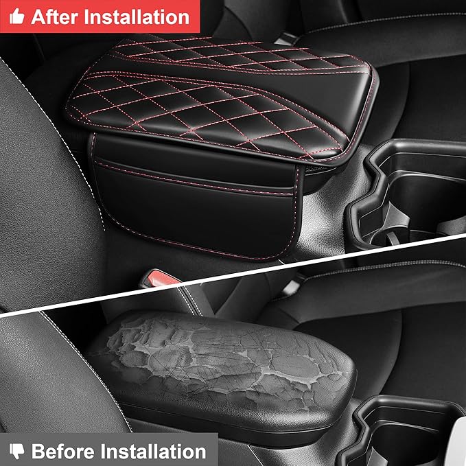 Car Armrest Cover Fit for Mazda CX-7 Console Armrest Protector with 2 Storage Pockets Quilted Leather Non-Slip Backing (Black & Redline)