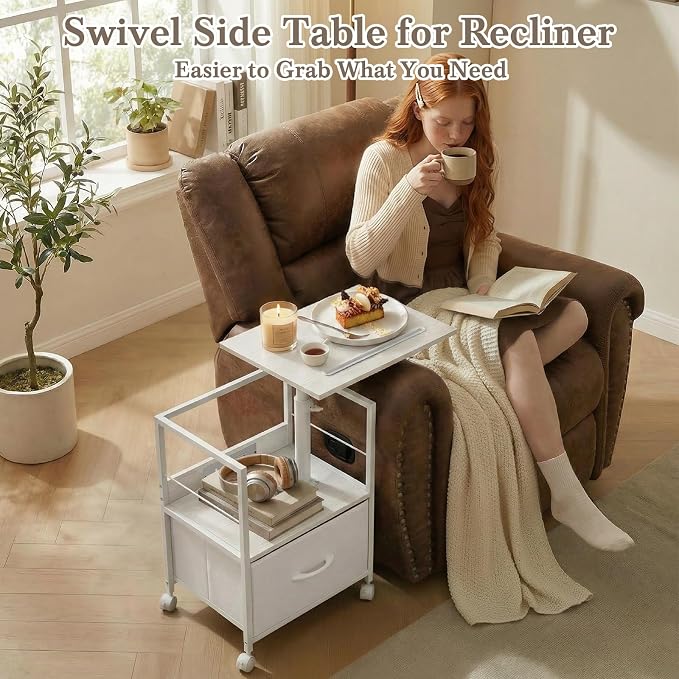Faesun Swivel Lift Top Nightstand with Charging Station, Rolling Side Table for Recliner, Bedside Table with Wheels & a Fabric Drawer, for Small Spaces, for Bedroom, Living Room, White