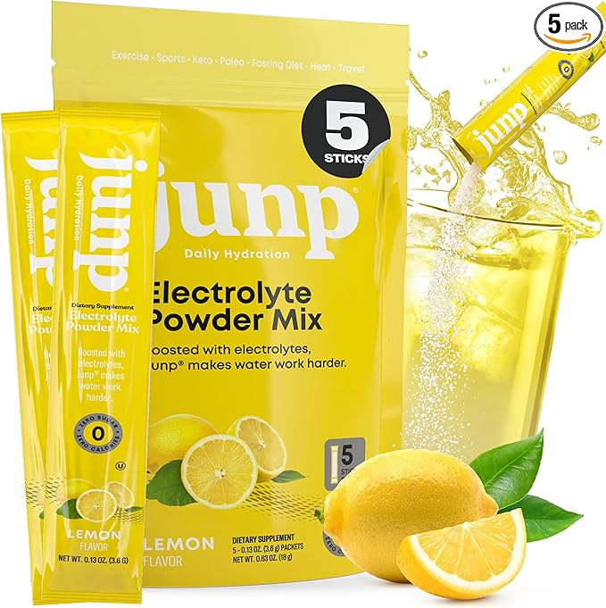 JUNP Sugar Free Electrolytes Powder Packets for Water Instant Hydration Packets with Salt & Potassium, Zero Calorie, No Carbs, No Sugar Electrolyte Drink Mix Sticks, Keto Friendly, Lemonade 5 Pack
