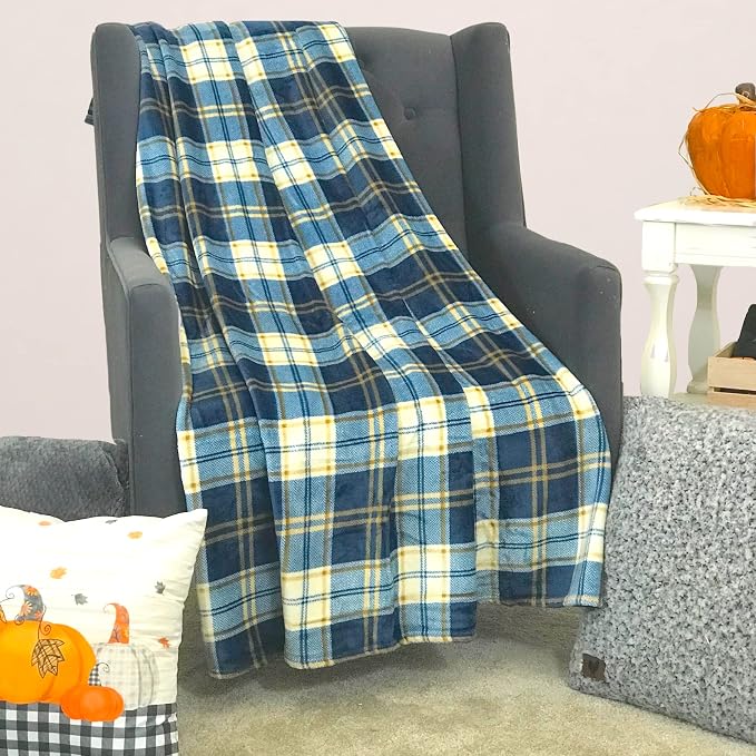 Teal Plaid Farmhouse Fleece Throw Blanket: Soft Blue Cream Brown Tartan Design Accent for Sofa Couch Chair Bed Dorm