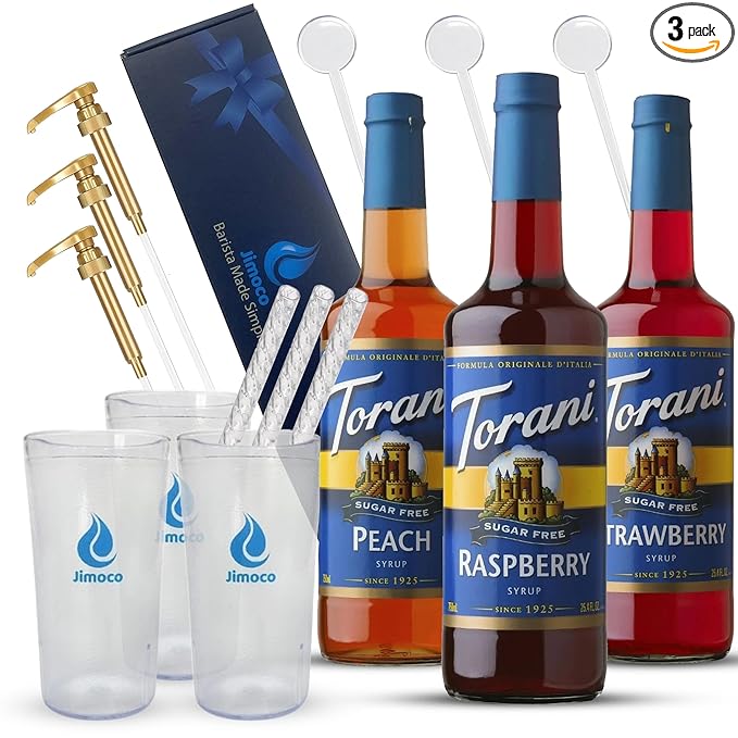 Jimoco Barista Set – Torani Sugar Free Peach, Raspberry & Strawberry Syrups (25.4 oz Each) with 3 Jimoco Syrup Pumps, Reusable Cups, Straws & Stirrers – Coffee, Italian Soda & Cocktail Flavoring Kit