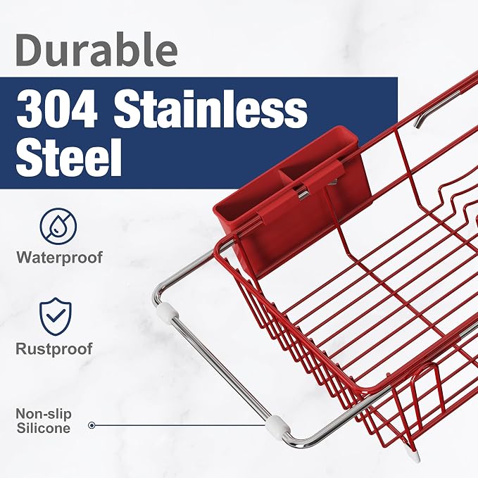 JASIWAY Red Dish Drying Rack in Sink, Expandable Stainless Steel Dish Drainers for Kitchen Counter, Dish Dryer Rack for Inside Sink, Over The Sink Dish Racks with Utensil Holder