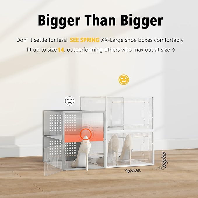 SEE SPRING XXX-Large Fit Size 14 Shoe Storage Box, Clear Plastic Stackable Shoe Organizer for Closet, Shoe Rack Sneaker Container Bin Holder for Entryway, Closet, Under Bed