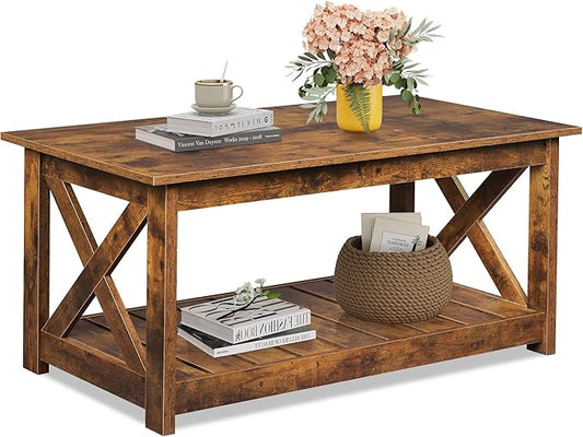 WLIVE Coffee Table, 40.1" Farmhouse Coffee Table with Slatted Storage Shelf & X-Shape Frame, 2-Tier Wood Center Table for Living Room, Balcony, Retro Brown
