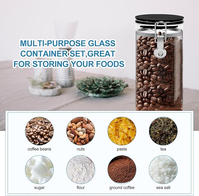 3PCS Glass Coffee Containers with Shelf, 54 oz Coffee Storage Container, Coffee Bean Storage Canisters with Airtight Locking Clamp Lid Spoons for Coffee Beans, Nuts, Sugar
