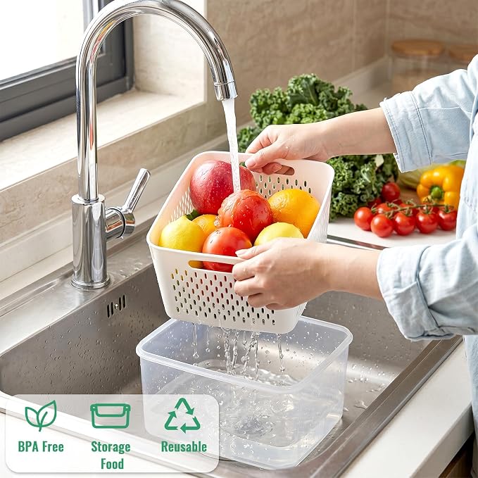 5 PCS Fruit Storage Containers for Fridge Produce Containers for Fridge with Removable Colander Berry Storage Containers Veggie BPA-Free Plastic Crisper for Long-Term Freshness