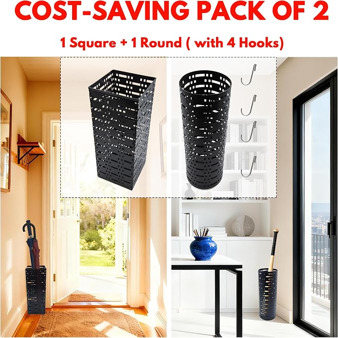 2 Pack Metal Umbrella Stand for Indoor Entry, Entryway Umbrella Holder Rack with 4 Hooks, 16.5" tall Freestanding Umbrella Storage Organizer (Square + Round)