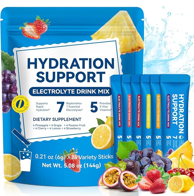 Electrolytes Powder Packets, Hydration Powder Drink Mix - 7 Essential Electrolytes, 5 Vitamins for Hydration & Nutrients Replenishment, Vitality Support, Sugar Free - 24 Packets/6 Flavors