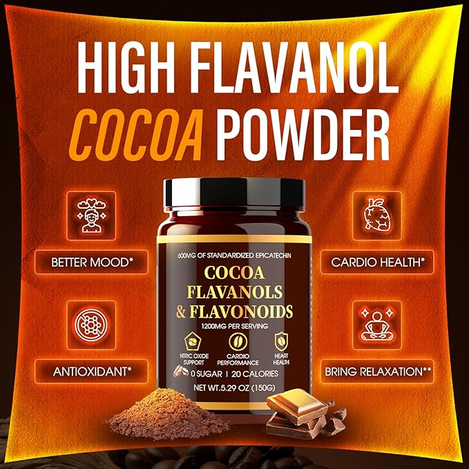 High Flavanol Cocoa Powder, 1200mg Cocoa Flavanols, Flavonoids & 600mg Epicatechin, Improve Circulation, Energy, Supports Heart Health & Brain Function (2, Gram, 300)