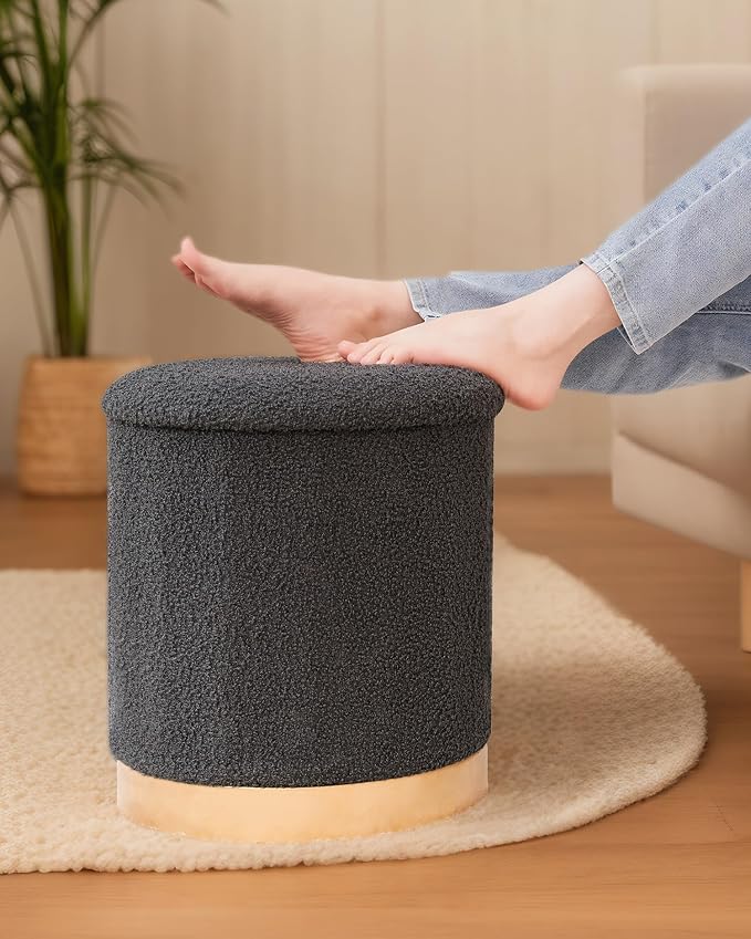 B FSOBEIIALEO Ottoman with Stroage, Round Boucle Storage Ottoman with Gold Plating Base,Foot Rest Stool for Dorm Room, Living Room Dark Grey, 14.76"x14.76"x16.34"