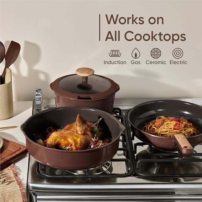 CAROTE Pots and Pans Set, Ceramic Cookware Set Non Stick with Detachable Handle, RV Kitchen Cooking Set, Induction & Oven Safe, Non-Toxic, PFAS and PFOA Free, Dark Choco, 19 Pcs