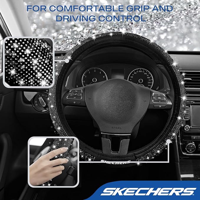 Skechers Women’s Bling Steering Wheel Cover, Velvet with Sparkly Crystal Rhinestones, Stylish Car Interior Gift, Universal Fit 14" 1/2-15" for Cars, SUVs, Trucks, Black Diamond