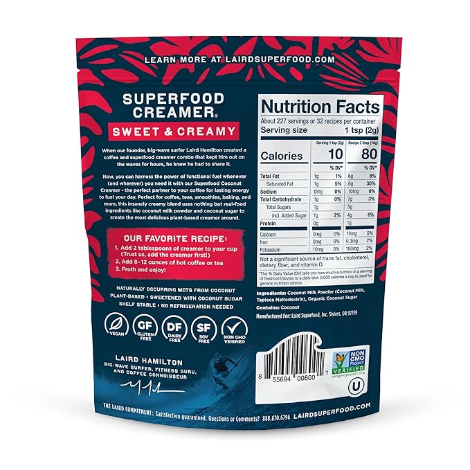Laird Superfood Non-Dairy Superfood Creamer - Coconut Powder Coffee Creamer - Sweet & Creamy - Gluten Free, Non-GMO, Vegan - 16 oz. Bag, Pack of 2
