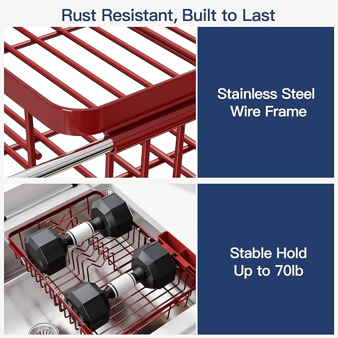 JASIWAY Red Expandable Stainless Steel Dish Drying Rack Over The Sink for Small Kitchen, Counter Space Saving Compact Plate Drainer Strainer, Adjustable Hanging Metal Dish Dryer with Utensil Holder