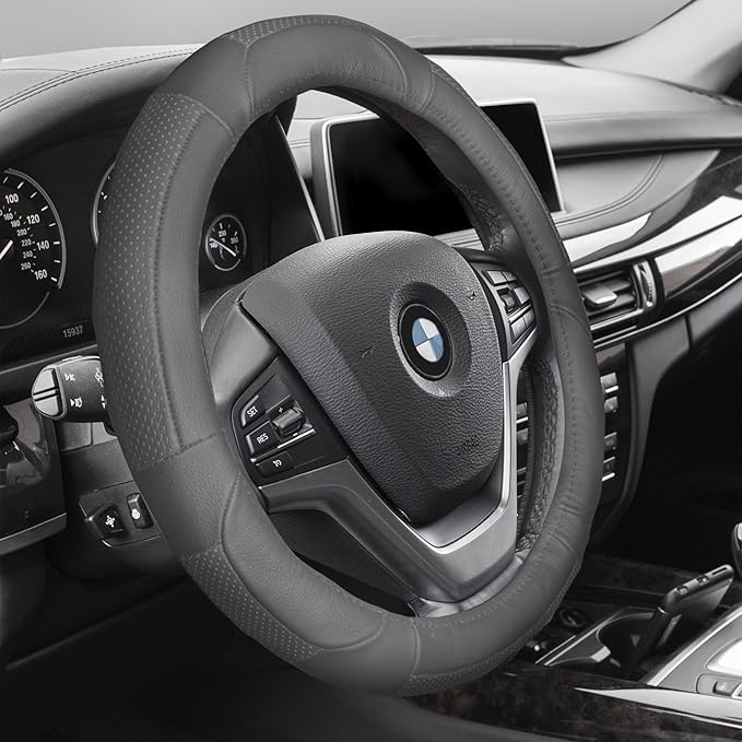 FH Group Universal Fit Deluxe Full Grain Authentic Leather Solid Gray Steering Wheel Cover Fits Most Cars, SUVs