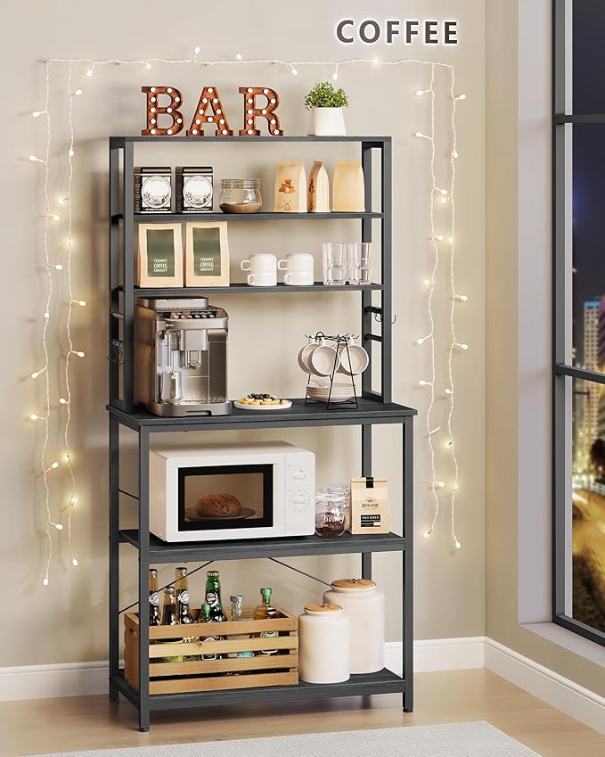 VASAGLE Coffee Bar, 31.5 Inches Baker's Rack for Kitchen with Storage, 6-Tier Kitchen Shelves with 6 Hooks, Microwave Stand, Industrial, Charcoal Gray and Ink Black UKKS019B22