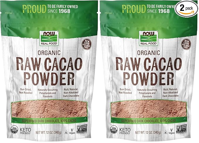 NOW Foods, Organic Raw Cacao Powder, with Polyphenols and Flavonols, Sun-Dried, Intensely Rich Flavor, 12-Ounce (Packaging May Vary) (Pack of 2)