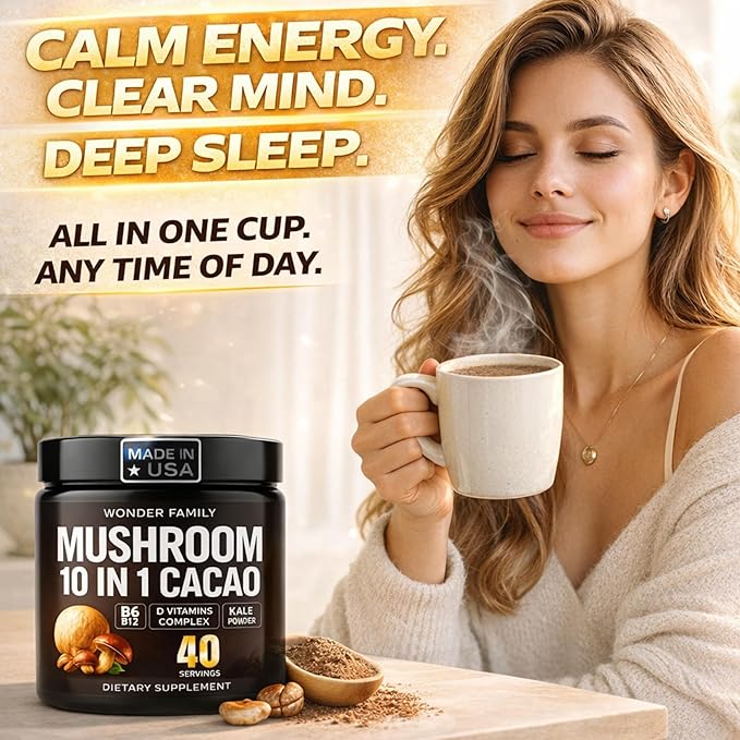 Instant Mushroom Powder 10:1 – Cordyceps Mushroom Supplement with Reishi, Chaga & Shiitake – Caffeine-Free Nighttime Drink with B6, B12, D + Probiotics Mushroom Cacao Organic Blend (No Sweetener)