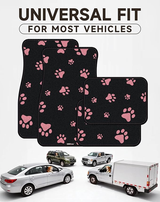 Cute Embroidered Dog Paw Car Floor Mats for Pet Lovers, Universal Fit All Weather Car Mats with Anti-Slip Nibbs Backing, Carpet Floor Mats for Cars, Trucks & Sedans, Full Set of 4 (Pink Paw)