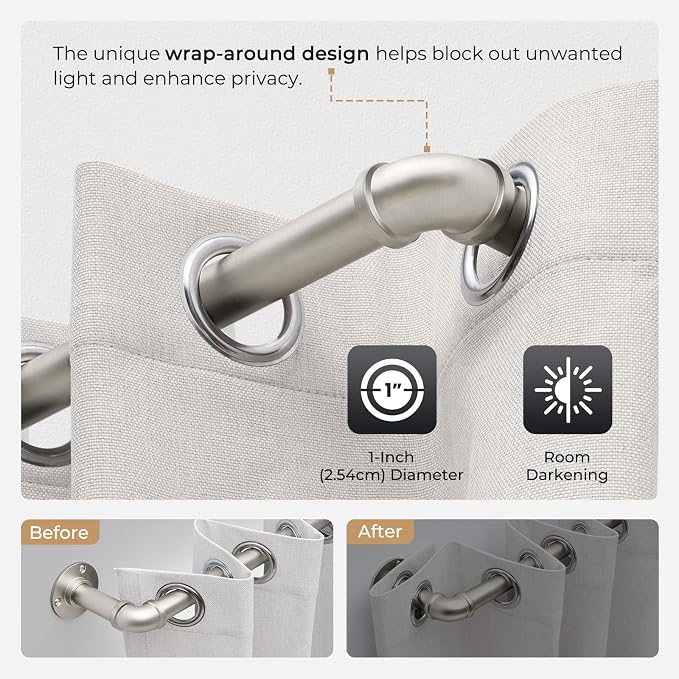 Zeerobee Curtain Rods for Windows 32 to 72, 1 Inch Industrial Wrap Around Brushed Nickel Curtain Rod, Indoor/Outdoor Room Divider Adjustable Drapery Pole, 32"-72"