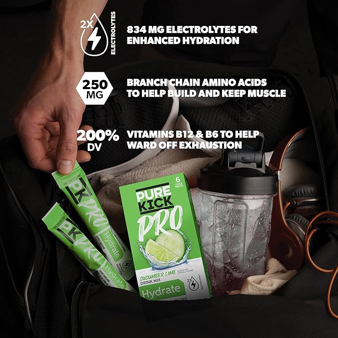 PURE KICK PRO Hydration Electrolyte Drink Mix, Cucumber Lemon, Includes 1 Box with 6 Packets in Each Box