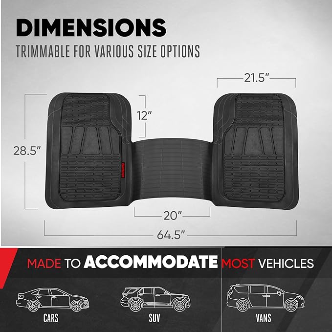 BDK Motor Trend WingRunner Heavy Duty Rubber Rear Floor Mat Liner, Trim-to-Fit Back Row Non-Slip All Weather Interior Protection Universal Fit Trucks Cars Sedans SUVs, Fits 2nd or 3rd Row - Black