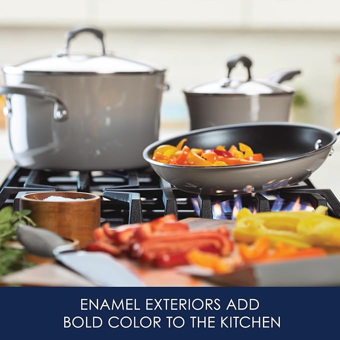 Rachael Ray Cookware Classic Brights Hard Enamel Aluminum Nonstick Cookware Set, 14-Piece, Sea Salt Gray
