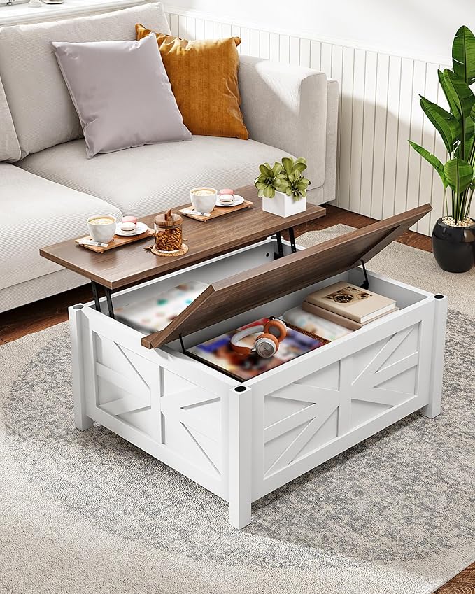 31.5" Lift Top Coffee Table, Farmhouse Coffee Table with Charging Station and Storage, 2 AC Outlets and 2 USB Ports, White and Walnut MKF02UWAN1