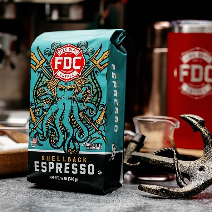 Fire Department Coffee - Gives Back to Firefighters - Shellback Espresso Ground Coffee - Bold & Smooth - Roasted in the USA - Dark Roast Espresso - Veteran Owned (12 oz, Pack of 2)