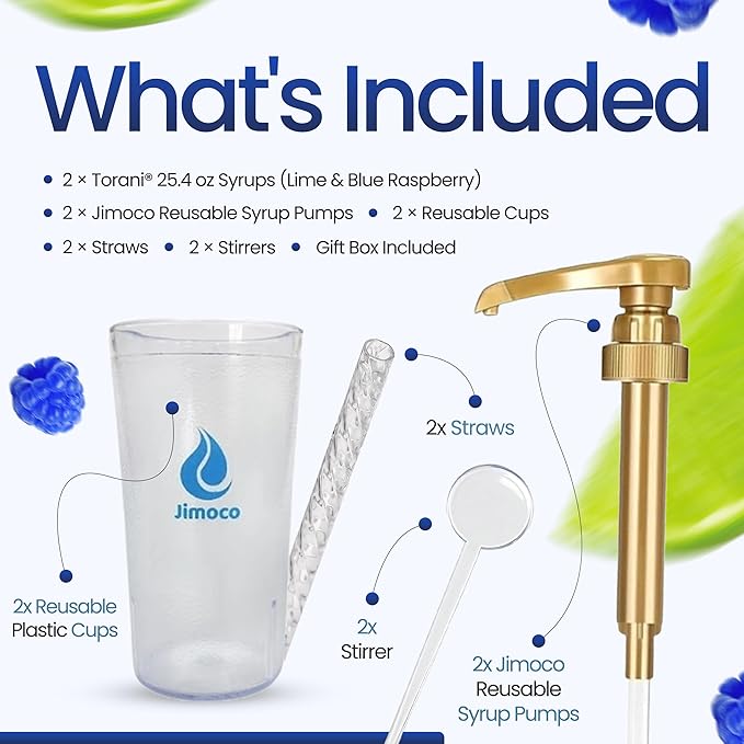 Jimoco Barista Set – Torani Lime & Blue Raspberry Syrups (25.4 oz Each) with 2 Jimoco Syrup Pumps, Reusable Cups, Straws & Stirrers – Coffee, Italian Soda & Cocktail Flavoring Kit