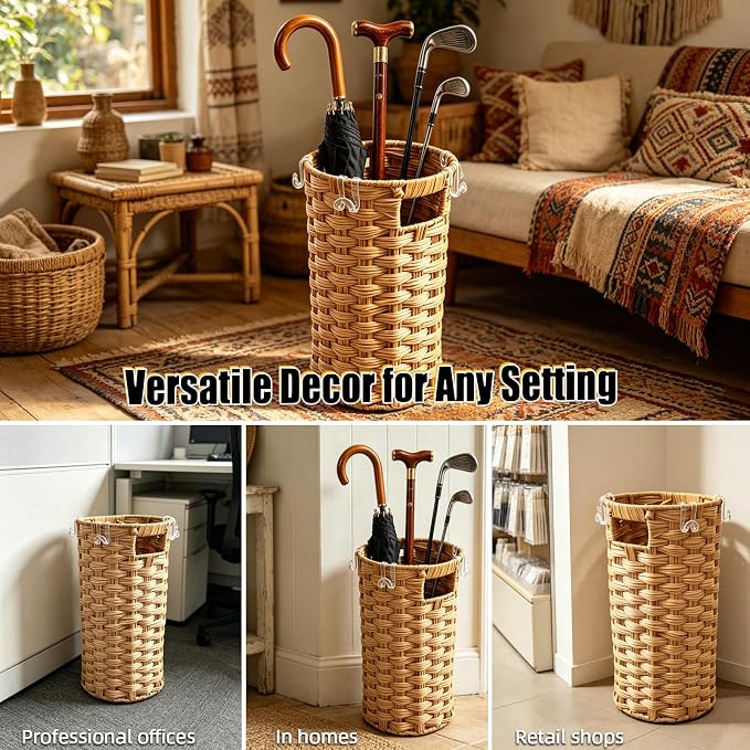 Rattan Umbrella Stand with Drip Tray - Hand Woven Freestanding Entryway Umbrella Holder, Small Rattan Rack Organizer with 4 Hooks for Folding Umbrellas & Canes, 7.5" L x 7.5" W x 16.5" H