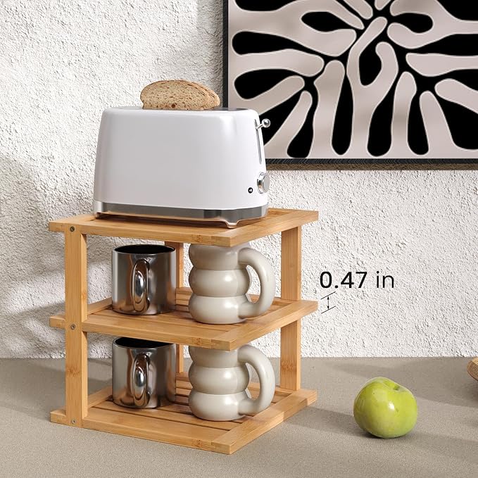 2 Pack Bamboo Corner Shelf,3 Tier Kitchen Cabinet Organizer for Plates and Dishes,Pantry Storage and Spice Rack（Natural）