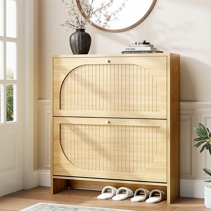 Nicetree Arch-Chic Shoe Cabinet for Entryway, Modern Mid-Century Shoe Storage Cabinet with Fluted, Narrow Shoe Rack with Adjustable Shelves & Tipping Protection, Fits Men's Size 13.5 Shoes