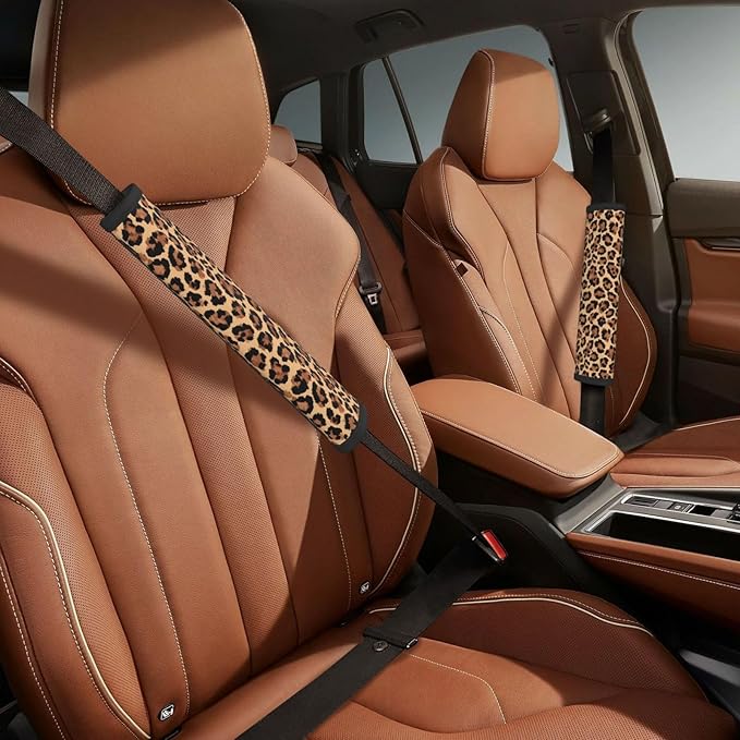 Leopard Print Steering Wheel Cover Elastic Non-Slip Car Steering Wheel Covers with Seat Belt Shoulder Pad for Women Men